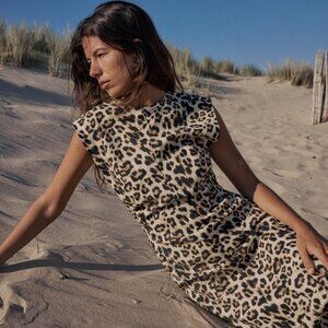 Zara Animal Print Draped Waist Midi Linen Dress New Without Tags, Size M